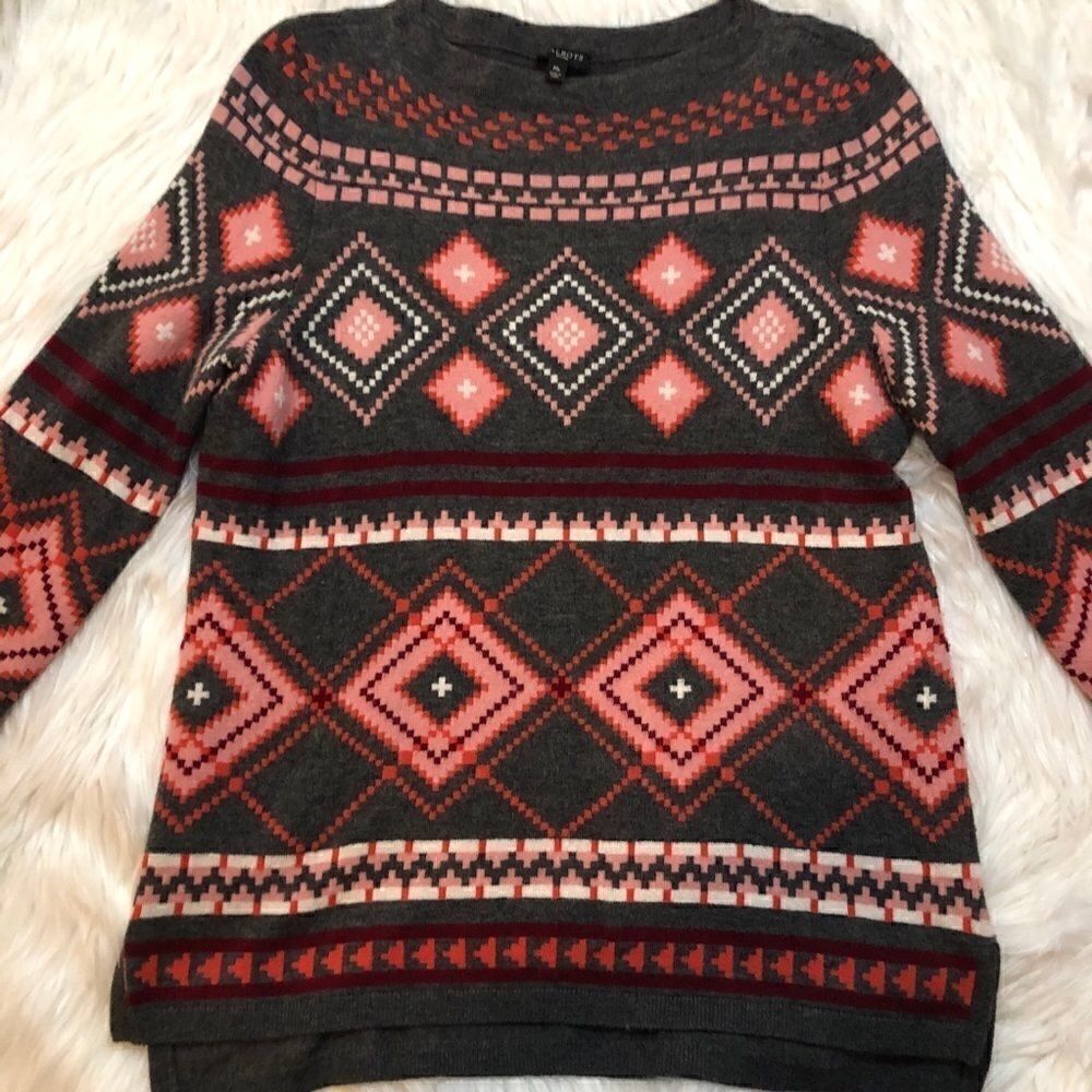 Talbots sweater gray pink Aztec medium petite